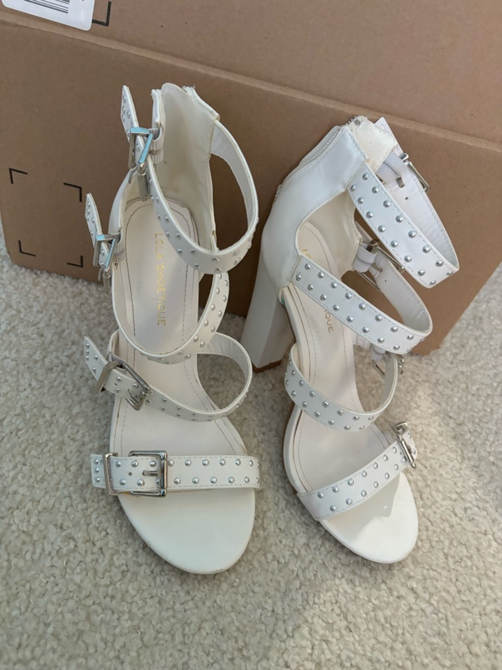 Lola Shoetique White Studded Multi-Strap Block Heel Sandals